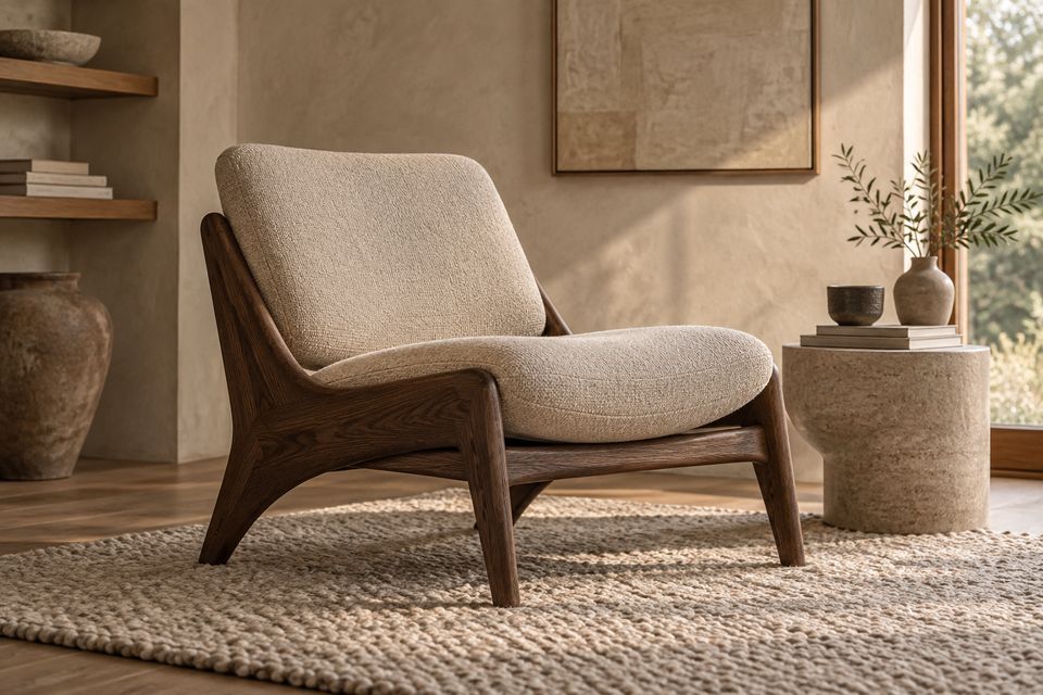 Fåtölj i mörk ek och ljus textil