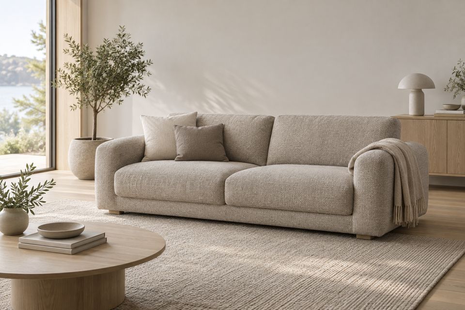Mjuk soffa i strukturerad neutral textil