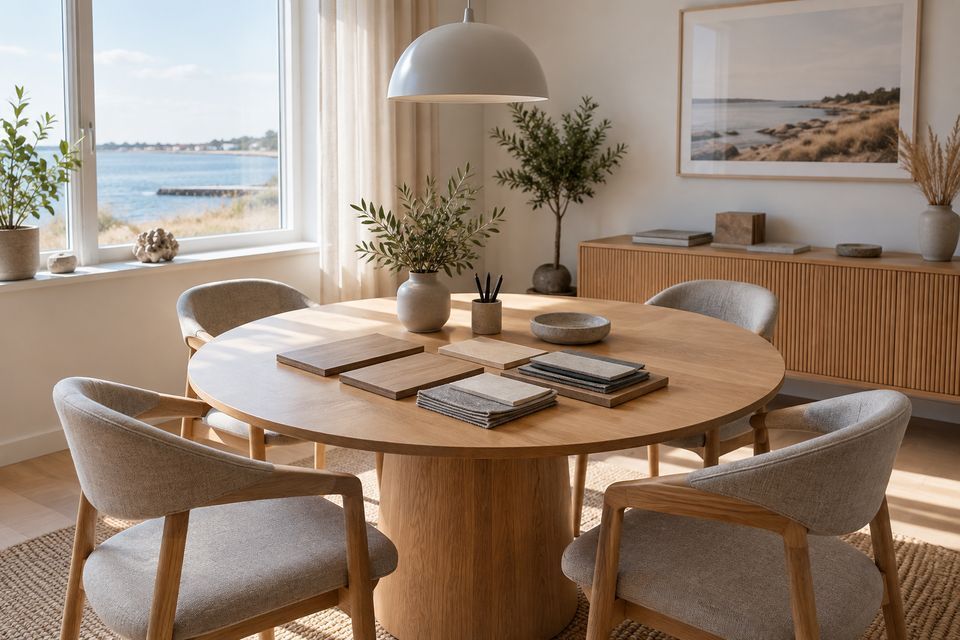 Skandinavisk matplats med bord och stolar i trä