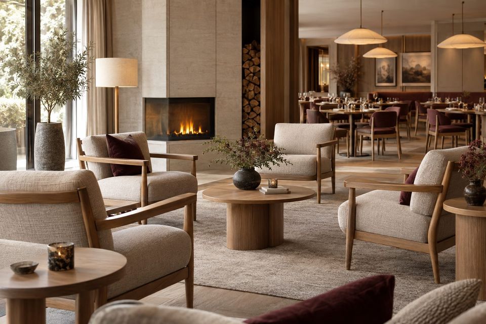 Sammanhållen möbelfamilj i hotell- och restaurangmiljö