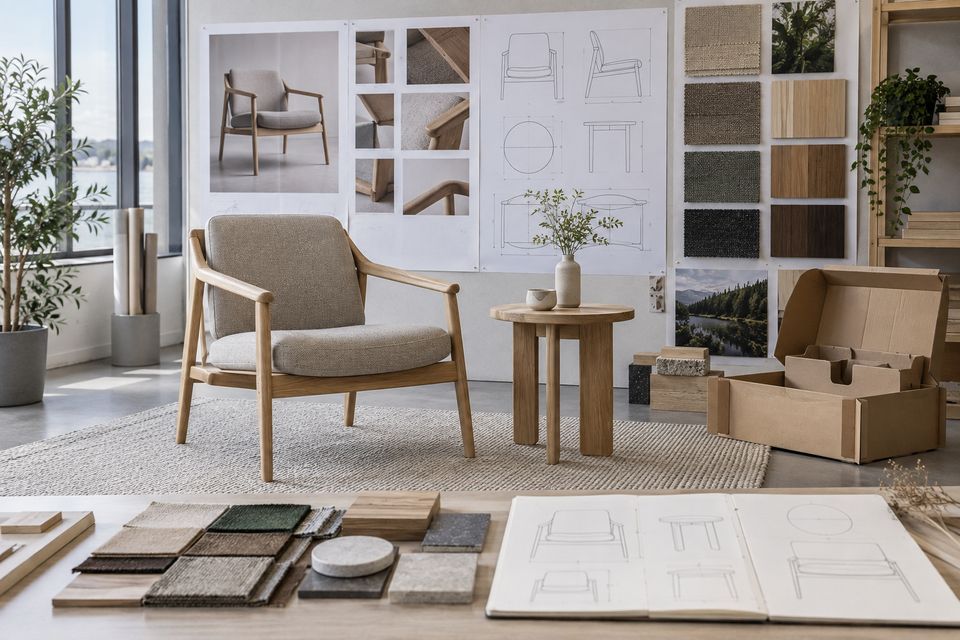 Materialprover och trädetalj för möbelutveckling